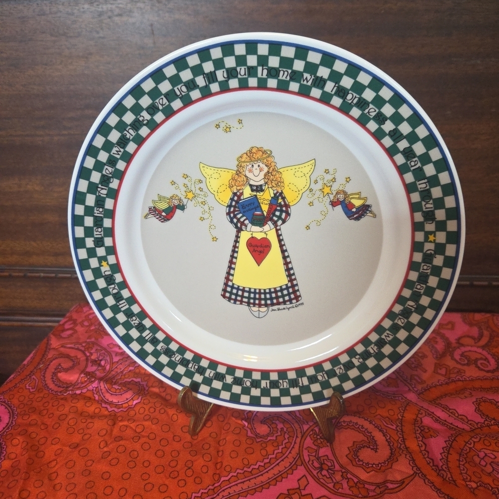 Decorative Guardian Angel Plate with Green and White Checkered Border